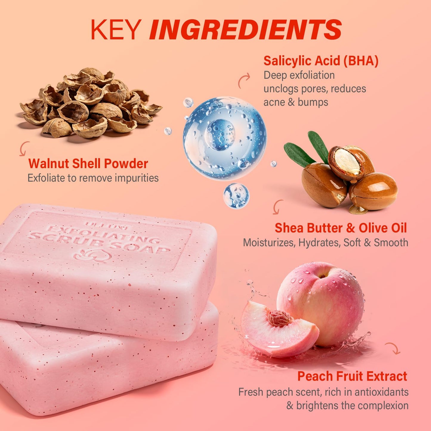 Body Scrub Soap Bar, Peach Exfoliating Bar Soap for Bikini Area Underarm & Bumpy Skin, Pre-Shave Softening Bar Soaps with BHA Salicylic Acid & Moisturizing Shea Butter, All Skin Types, 3.53 oz Each