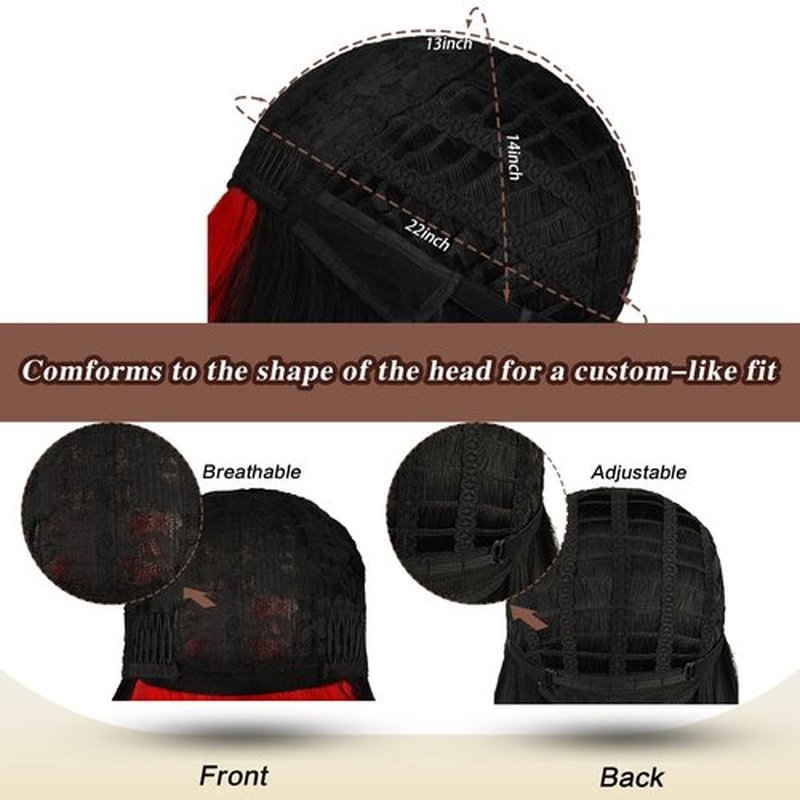 SOFEIYAN Long Straight Wig with Bangs Black with Red Strips Synthetic Hair Replacement Wigs Heat Resistant Full Wig for Women Girls 26 inches