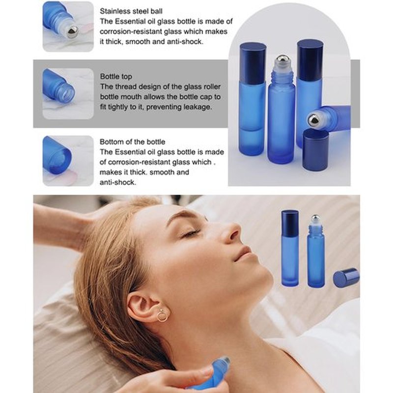 Kesell Glass Roller on Bottle, 10ml Refillable Essential Oil Bottle with Stianless Steel Ball, Pack of 10 (Light blue)