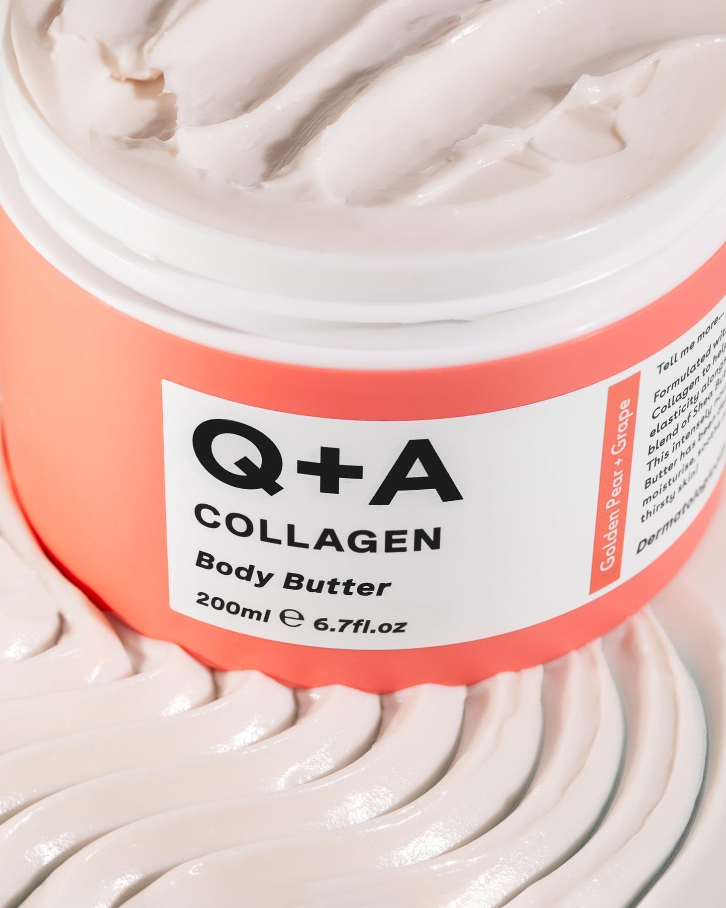 Q+A Collagen Body Butter: Luxuriously Rich, Intensely Moisturising Vegan Formula with Hydrolysed Vegetable Protein, Shea Butter, Squalane, and Golden Pear and Grape Scent for Soft, Supple Skin, 200ml