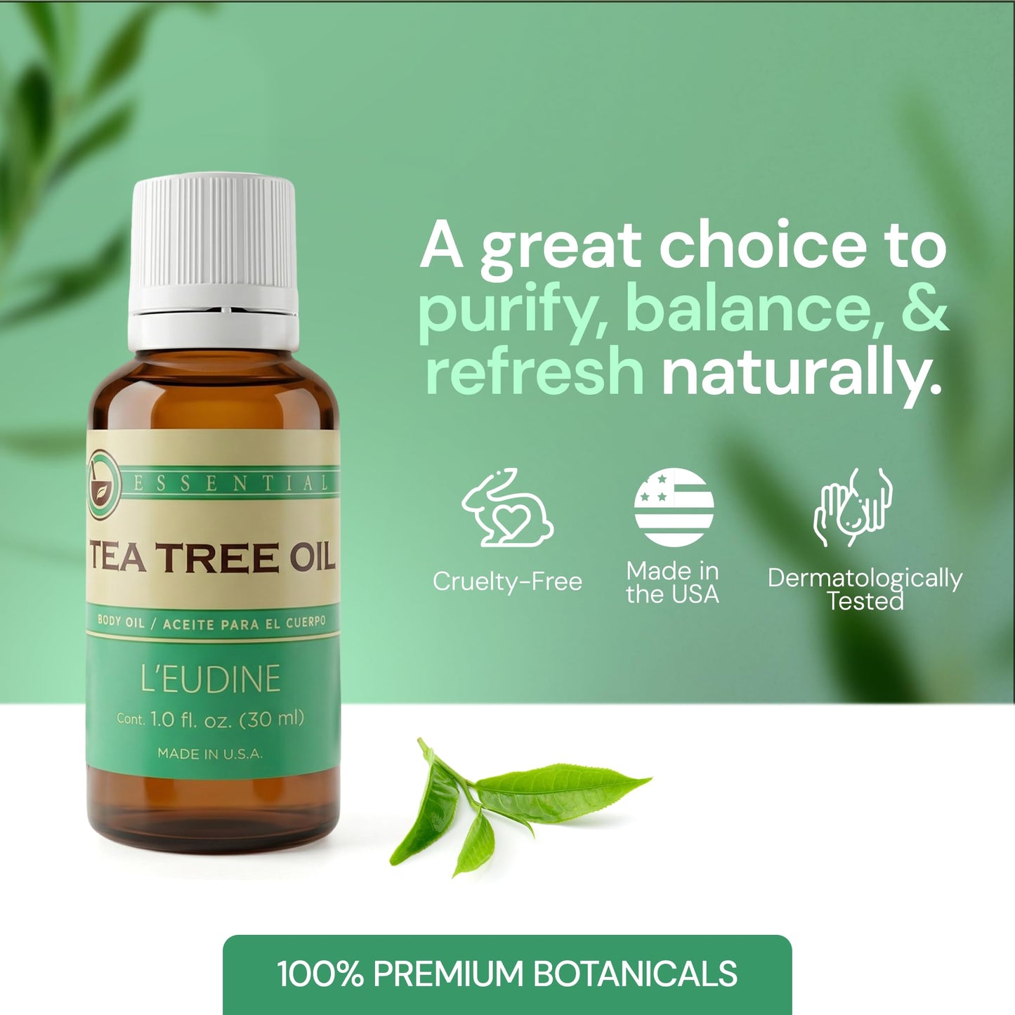L’EUDINE Tea Tree Oil – 1fl Oz Multipurpose Body Oil for Acne, Toenail Problems, Dandruff, Skin Bites, Lice – Made in USA – All-Natural and Safe Essential Oil – Refreshing on Clothes, Cleaning