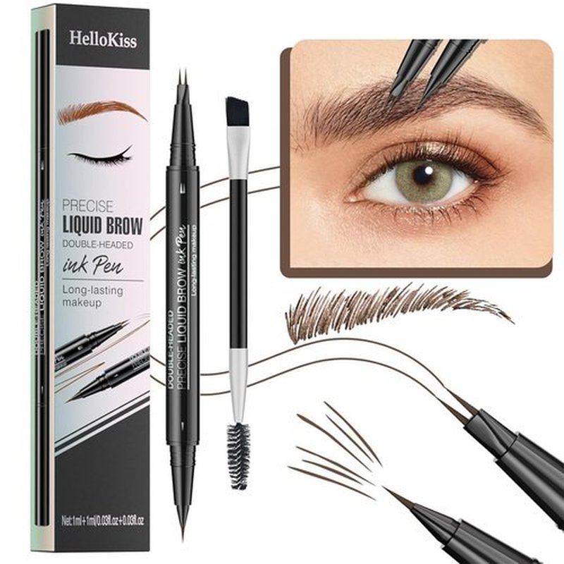 Hello Kiss Microblading Eyebrow Pen - Eyebrow Pencil, Hair Like Curved Eyebrow Pen, Eye Brow Pencil 2 Fork Tip, HelloKiss Precise Liquid Brow Double Headed ink Pen Long-lasting Waterproof (2# Brown)