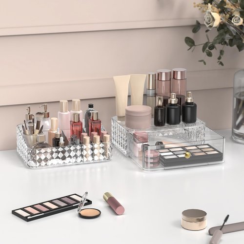 Rosoenvi Makeup Organizer for Vanity, Stackable Cosmetics Organizer and Storage, Cosmetic Display Cases with 1 Drawers and 1 Tray for Makeup Brush, Hair Accessories, Lipstick and Jewelry, Clear