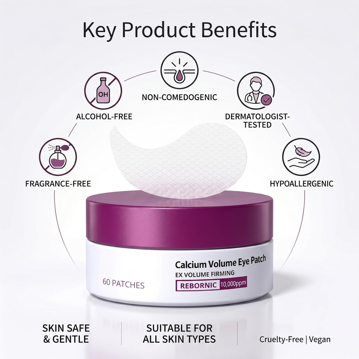Calcium Volume Eye Patch with Rebornic 10,000ppm & Hydrolyzed Elastin – 60 Patches for Puffiness Relief, Fine Lines, Firming & Lifting, Hydrating Eye Patches for Face and Neck Care