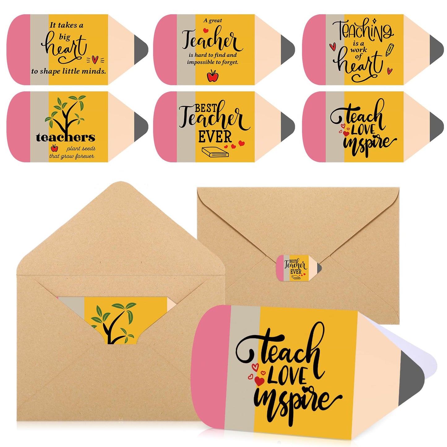 Spakon 24 Sets Teacher Appreciation Gifts Teacher Thank You Cards Bulk with Envelope and Sticker Pencil Shape Cards Inspirational Thank You Note End of School Year Gifts, 6 Styles