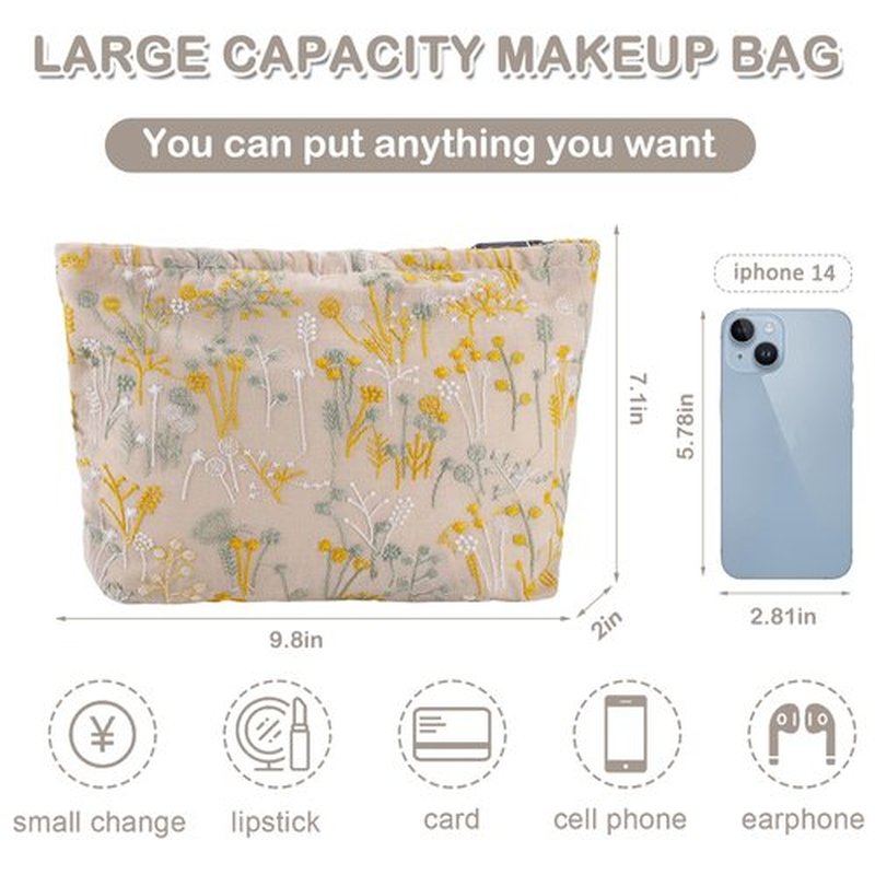 ZLFSRQ Silk Flower Makeup Bag Travel Cute Cosmetic Bags for Women Large Makeup Pouch Zipper Cosmetic Pouch for Purse Aesthetic Makeup Organizer Bag Portable Toiletry Bag