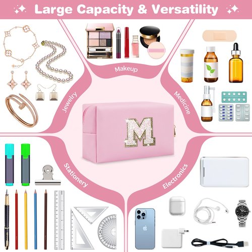 Small Personalized Initial A-Z Patch Makeup Bag,Pink Cute PU Leather Glitter Letter Cosmetic Bag for Teen Girls,Travel Toiletry Bag with Zipper,Preppy Monogrammed Birthday Gift for Daughter Niece M