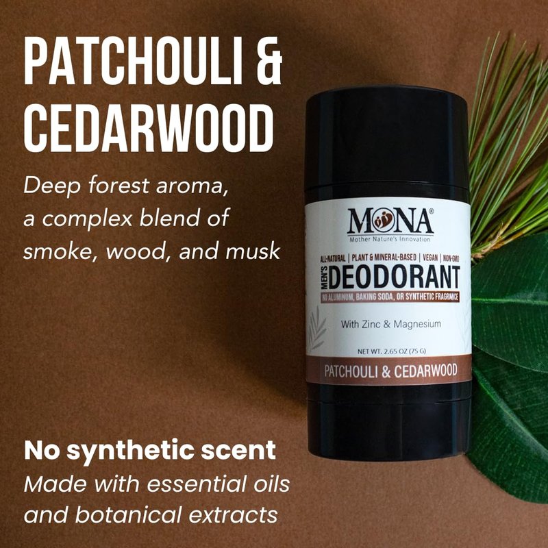 All Natural Deodorant for Men Aluminum Free | Hypoallergenic Men's Deodrant, Magnesium Deodorant for Sensitive Skin | Absorbs Sweat | Won’t stain clothes | By MONA Brands (Patchouli Cedarwood 2.65 Oz)