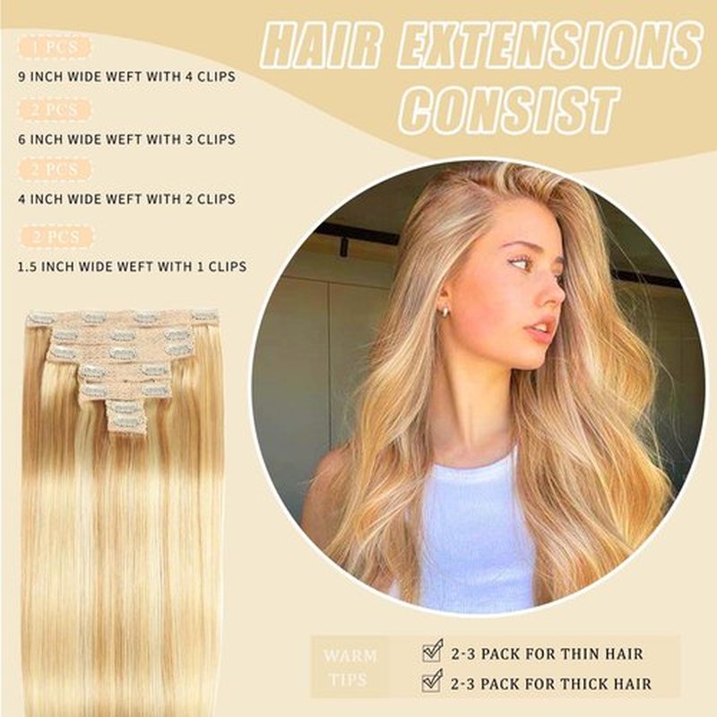 Clip in Hair Extensions,22 Inch Straight Hair Clip in Extensions Seamless Straight Hair Extensions Thick Long Synthetic Hairpieces For Women Natural Hair（Dark Blonde Highlighted Bleach Blonde）