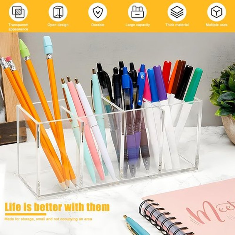 Clear Makeup Brush Organizer,Acrylic Cosmetic Brushes Storage Holder with 4 Slots,Pencil Pen Holder for Desk,Desk Organizer and Accessories for Vanity