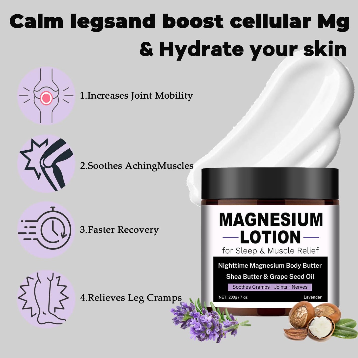 Magnesium Lotion for Sleep & Muscle Relief - Nighttime Magnesium Body Butter with Lavender, Shea Butter & Grape Seed Oil - Soothes Cramps, Joints & Nerves - Skin-Friendly & Kid-Safe, 7 oz