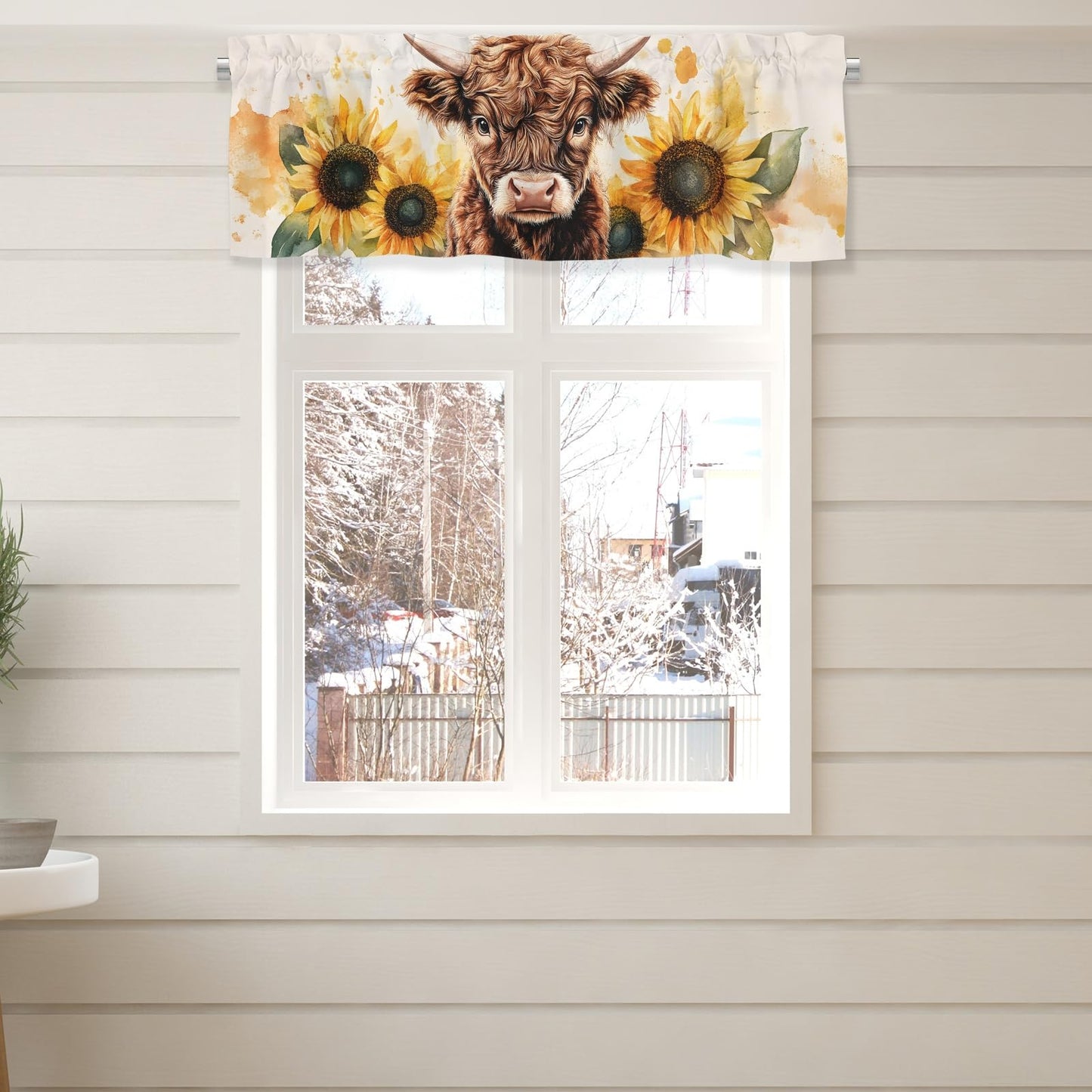 Pynnlts Watercolor Cow Sunflowers Curtains Highland Cow Window Valances Highland Yak Yellow Sunflower Kitchen Valances Farm Animal Rod Pocket Window Treatments for Living Room Bedroom 54x18 in 1 Pack