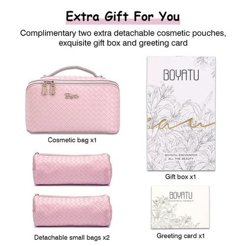Travel Makeup Bags Cosmetic Organizer Bag: Large Capacity Make up Bag Set of 3 - Vegan Leather Toiletry Bag for Women - Portable Makeup Organizer with Compartments & Handle & Divider (1 Violet)