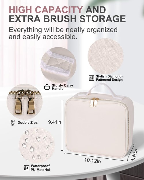 MAYFIY Makeup Bag with LED Mirror and Travel Makeup Train Case Cosmetic Organiser with 2X3X Magnifying Mirror and Separate Makeup Brush Panel, Portable Adjustable Divider Storage Bag, Creamy-white
