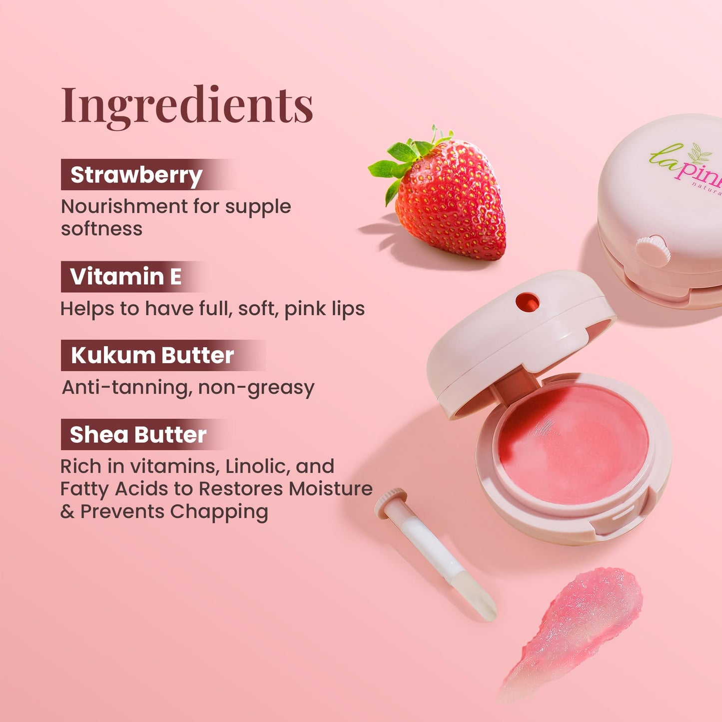 La Pink Strawberry Natural Tinted Lip Balm with Shea & Kokum Butter | Nourished & Soft Lips | 100% Microplastic Free Formulation | 15 gms
