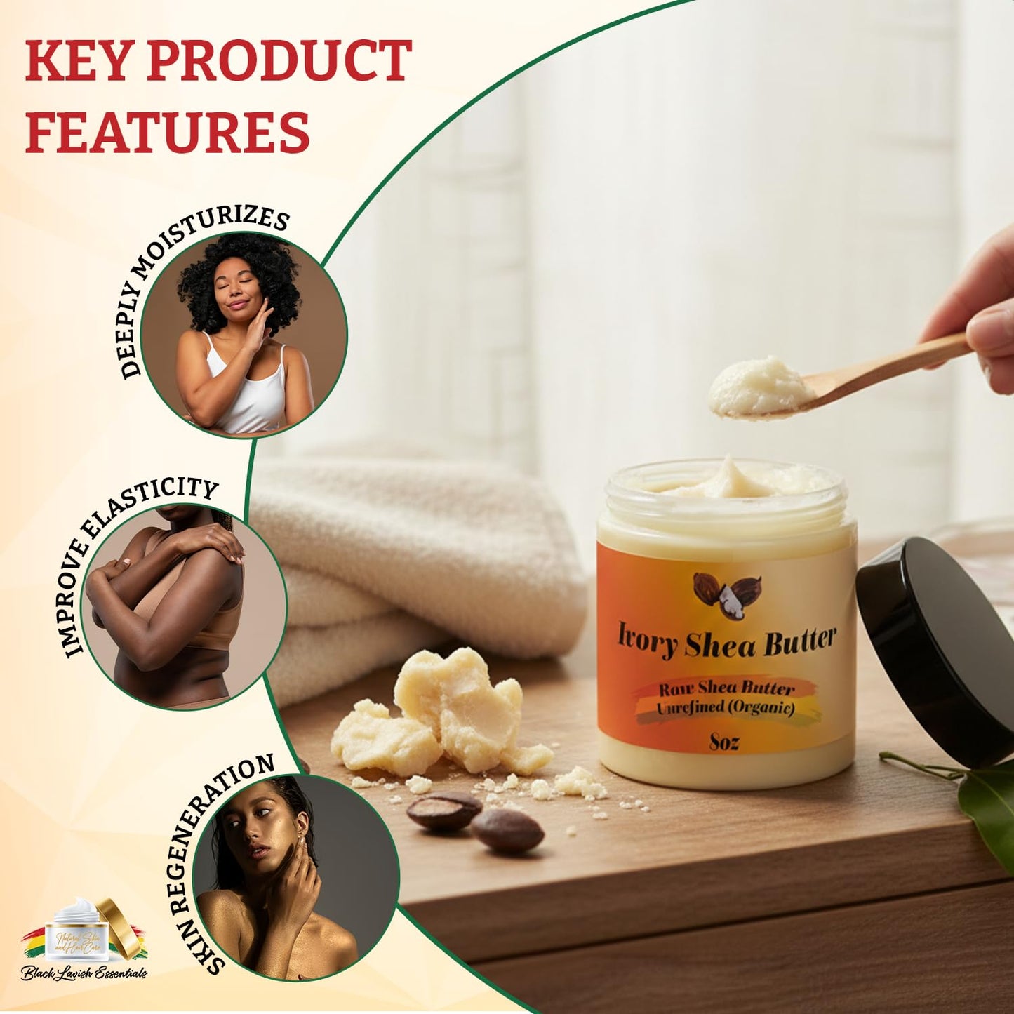 Black Lavish Essentials Organic West-African Ivory Shea Butter, Raw & Unrefined Grade A Shea Butter, DIY Ingredient, Moisture-Rich Skin & Hair Butter, Fast Absorbing, 8 oz Jar