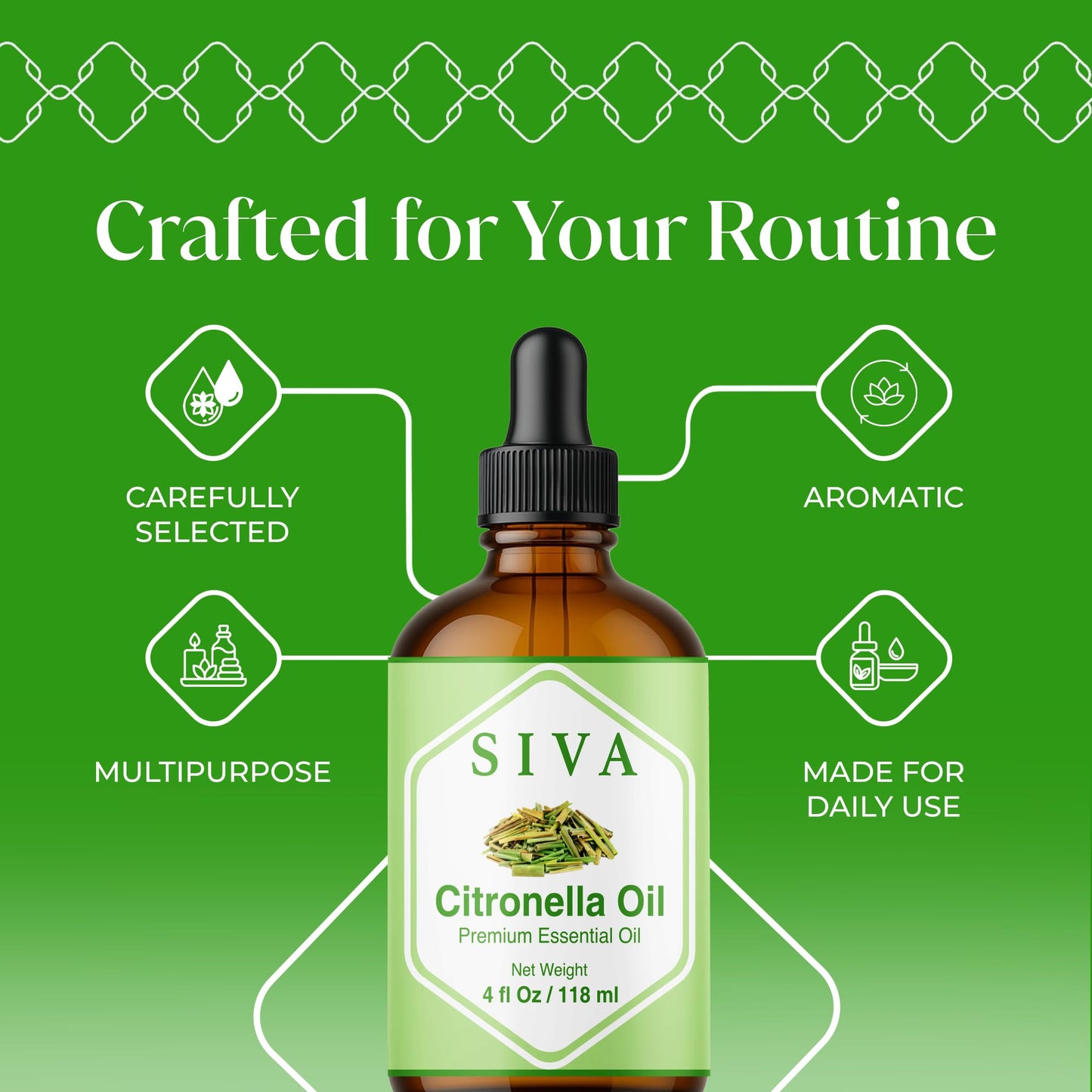Siva Citronella Essential Oil 4 Fl Oz – for Diffuser, Skin & Hair Care – Ideal for Massage & DIY Blends- with Dropper