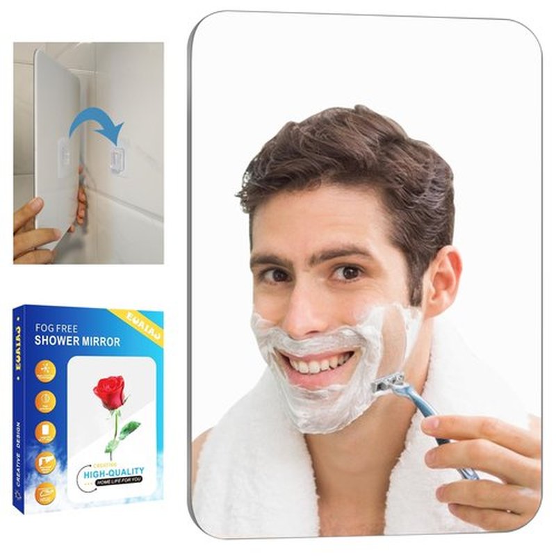 EUAIAJ Fogless Shower Mirror, Large(10.2x7.8in) & Includes 2 Adhesive Hooks, Easy Install & Unbreakable & Super Thick, Fog Free (No Fog) Shower Mirror for Shaving