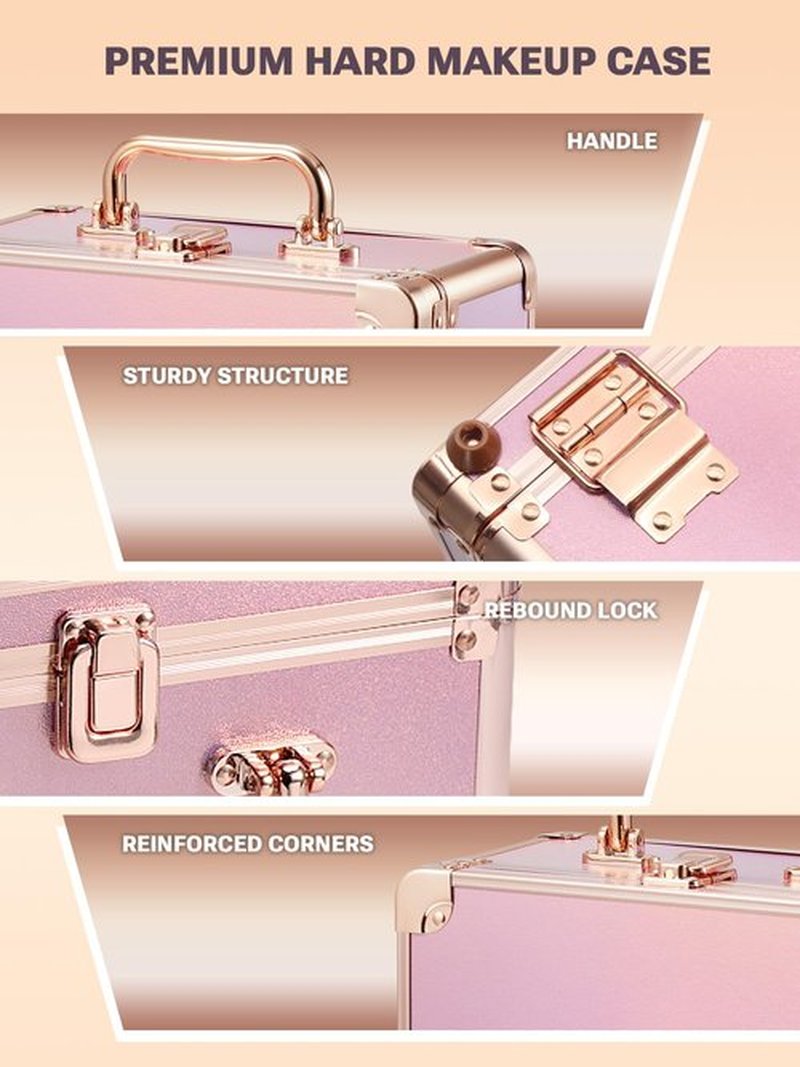 Qislee Makeup Box with A Detachable Lighted Mirror, Waterproof Travel Train Case, Cosmetic Organizer and Makeup Suitcase with Adjustable Dividers, Magnetic LED Mirror(Sparkling Gradient Pink)