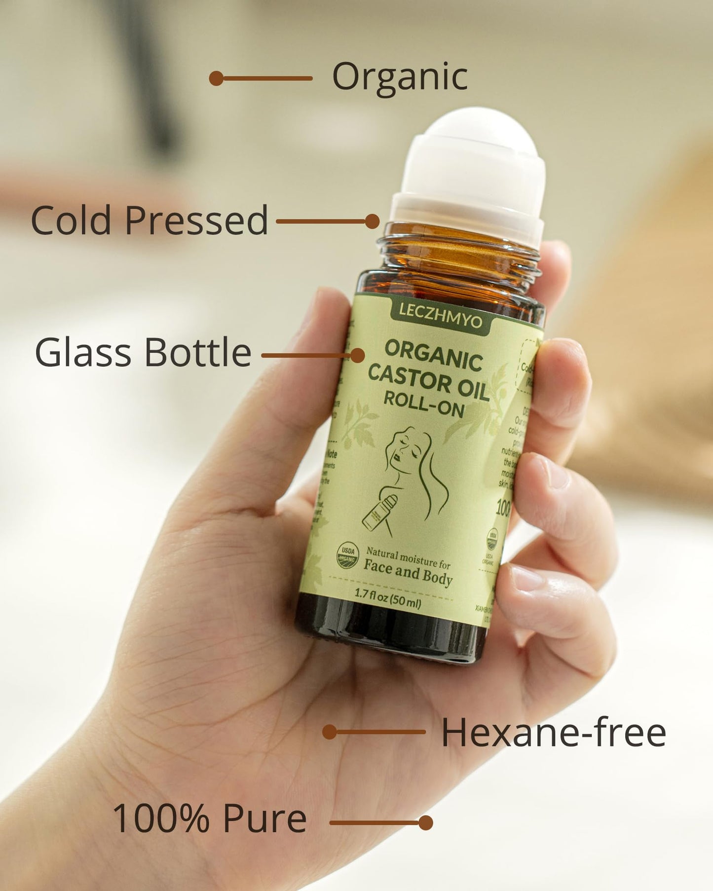 Castor Oil Roll on for Belly, Face, Body, Under Eyes –Certified Organic, Cold Pressed, Hexane Free, Unrefined – Glass Bottle Pure Roller Ball Castor Oil to Moisturize Skin - 1.7 fl. oz Large Size