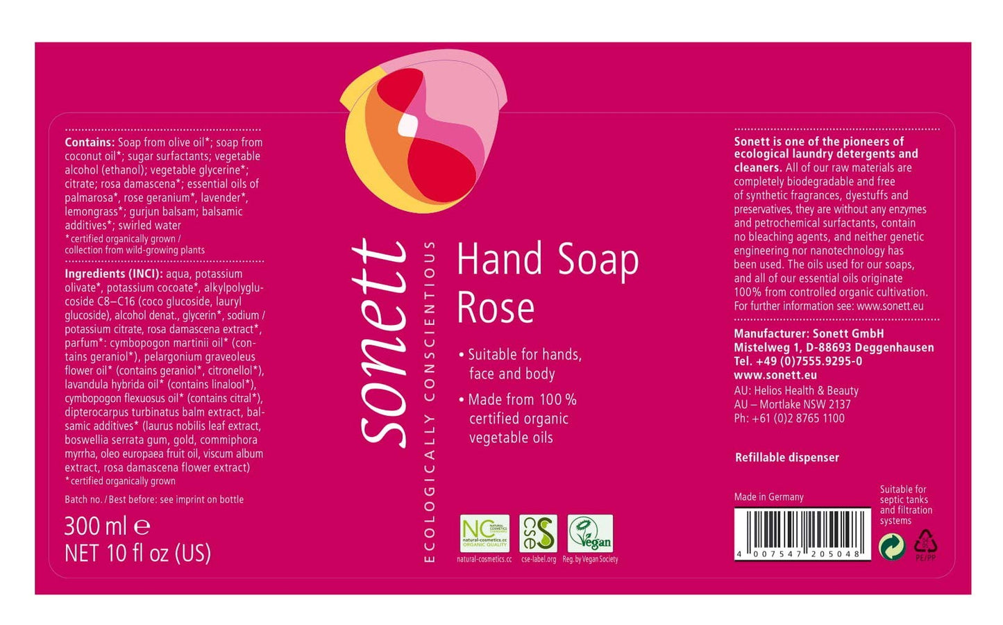 Sonett Organic Hand Soap Liquid Rose body care suitable For hands, face and body (Rose, 1 Count) Certified Organically Grown