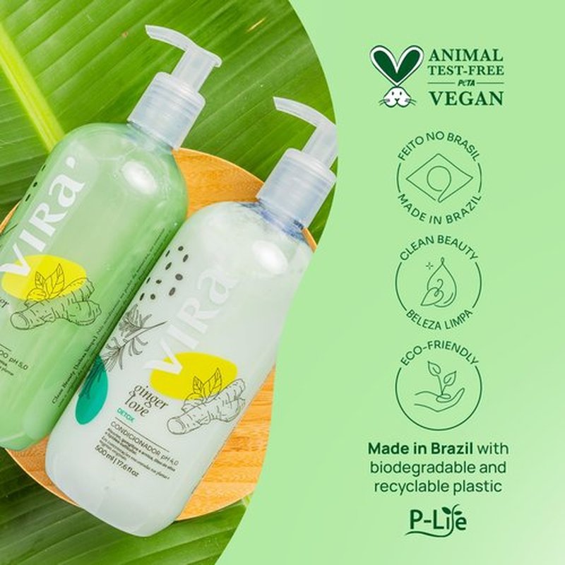 VIRÁ Brazilian Shampoo and Conditioner Set, Paraben-Free, Deep Moisturizing Treatment, Hair Recovery, Refreshing Action, Ginger Love Detox & Clean Beauty, 17.6 Fl Oz Each
