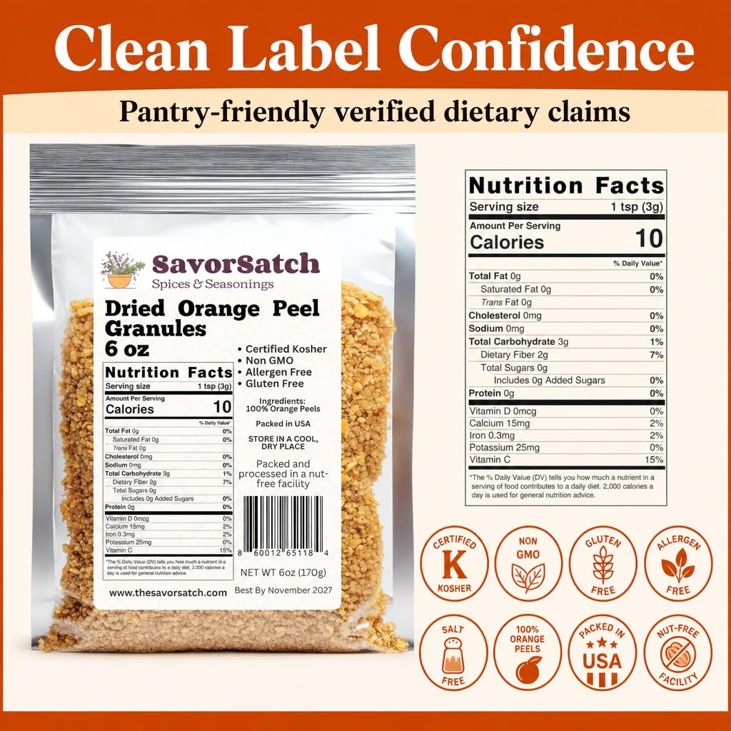 SavorSatch Dried Orange Peel Granules - 6 oz Stand-Up Resealable Pouch | Certified Kosher, Non-GMO | Product of Spain | Fresh and Zesty Citrus Flavor for Cooking, Baking, and Beverages