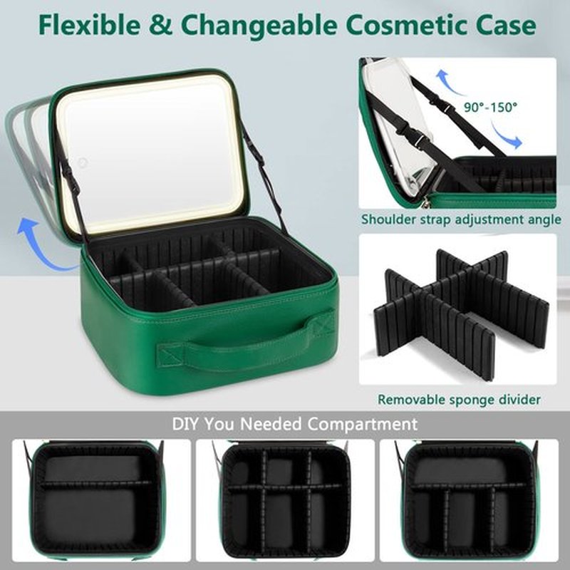 PEEH Makeup Bag with Lighted Mirror, Travel Make up Train Case with Rechargable Compact Vanity Mirror and 10x Magnifying Mirror, Adjustable Dividers Cosmetics Organizer for Women (Green)