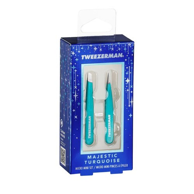 Tweezerman Majestic Turquoise Micro Mini Slant & Point Tweezer Set - Eyebrow Tweezers for Women and Men