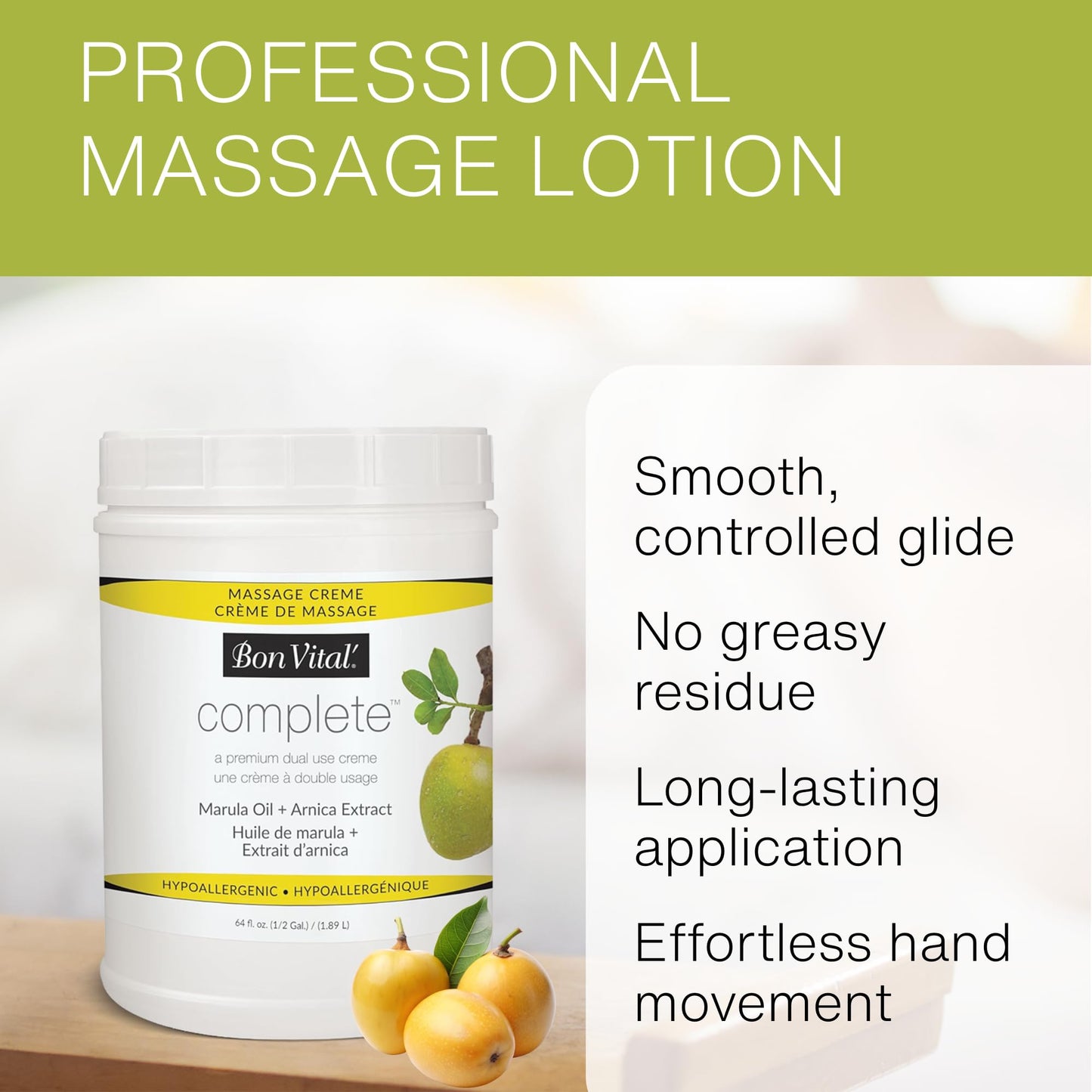Bon Vital Complete Massage Creme, 1/2-Gallon, Unscented Non-Greasy Cream with Marula, Olive & Jojoba Oils, Hypoallergenic Moisturizer for Professional & Home Use, Premium Dual-Purpose, Massage Therapy