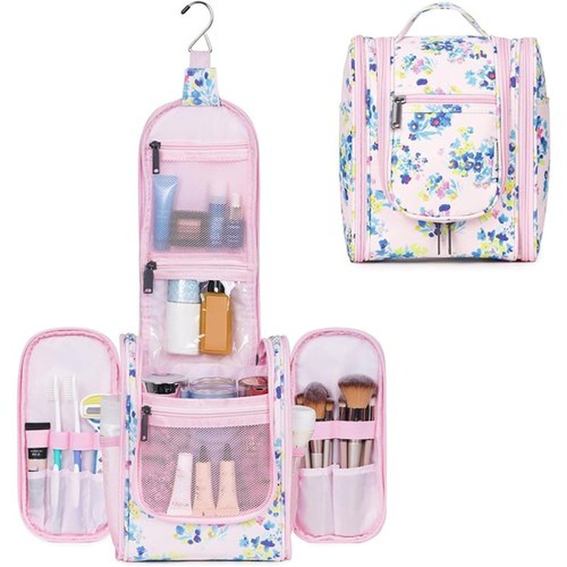 Narwey Small Hanging Travel Toiletry Bag Cosmetic Make up Organizer for Women and Men (Medium, Pink Flower)