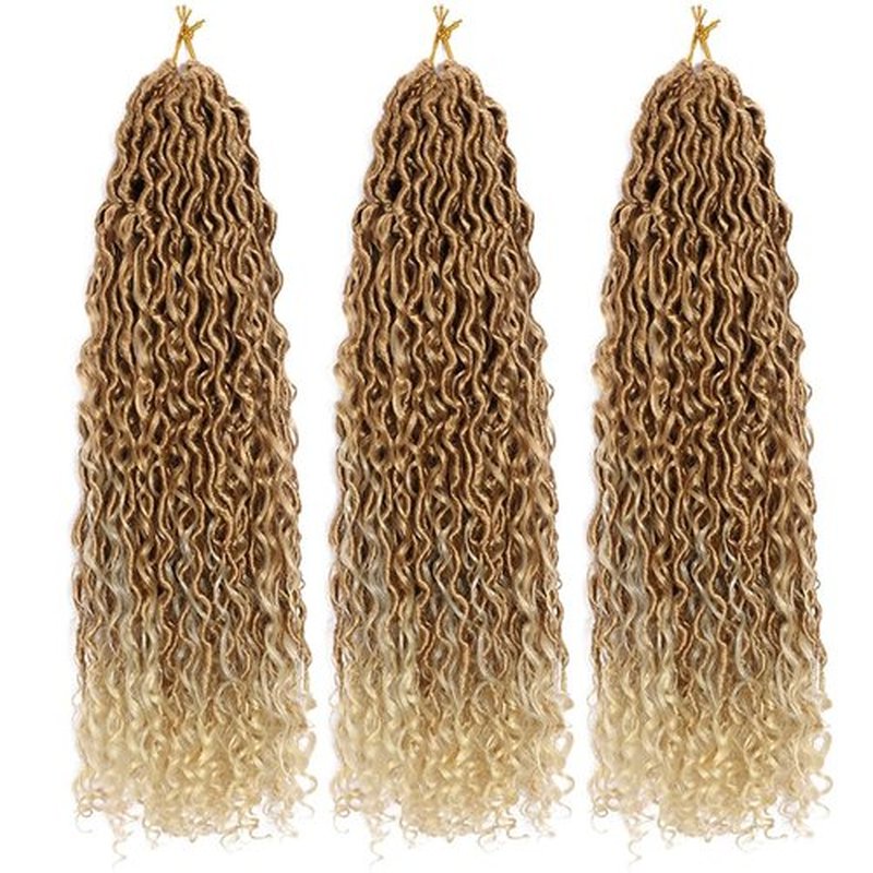 BALINGHAIR Goddess Locs Crochet Hair Ombre Light Brown to Beige 22 Inch 3 Packs Bohemian Faux Locs Crochet Hair With Curly Ends Pre Looped Hair Extensions 16 Roots/Pack(27/613)