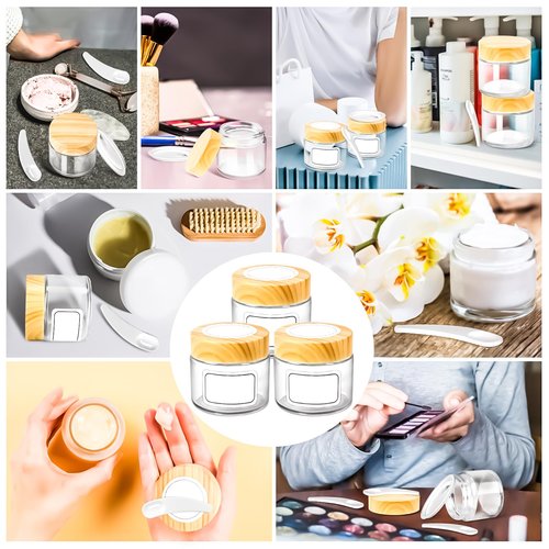 MotBach 4 Pack 2oz Glass Jars with Lids 60ml Mini Round Clear Glass Jars with Inner Liners and Spatulas, Travel Size Containers Jars for Toiletries Creams Cosmetic Makeup Sample Lotion (Woodgrain Lid)