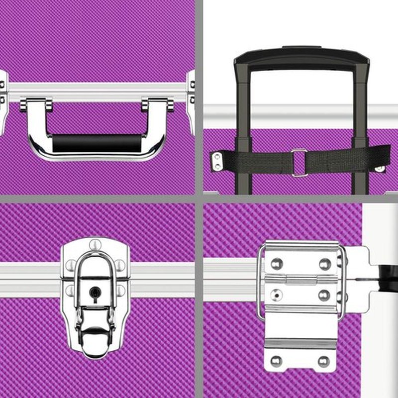 OUDMAY Makeup Case 4 in 1 Professional Cosmetics Rolling Train Organizer with Aluminum Frame and Folding Trays Purple