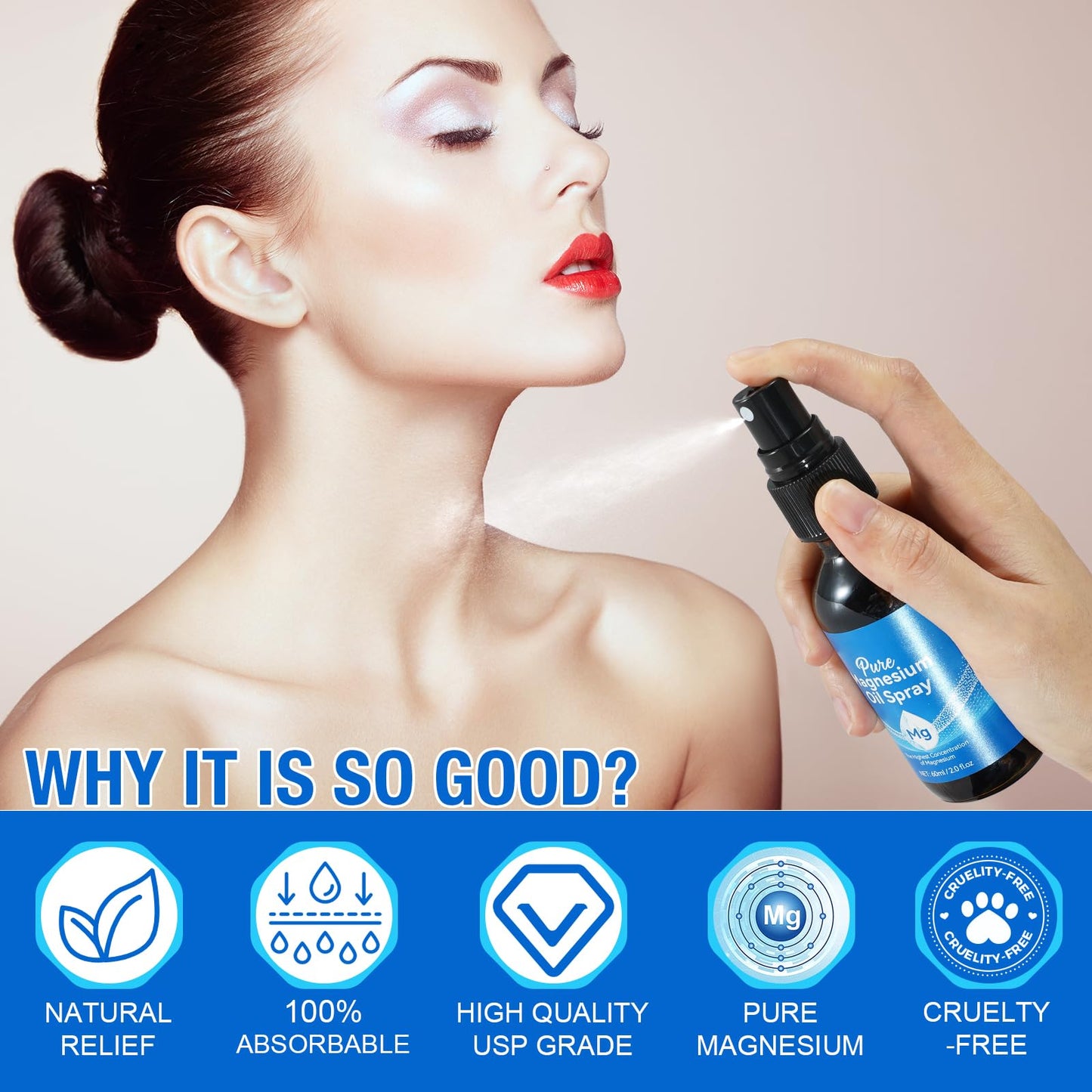 Pure Magnesium Oil Spray, 100% Pure & Natural Magnesium Oil Spray 2.0 fl. oz, Magnesium Oil Spray for Sleep Quality, Skin, Muscle, Men and Women.
