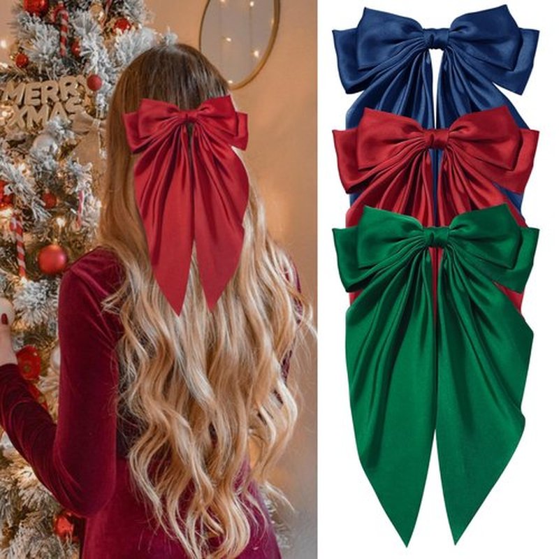 Hair Bows for Women Girls Silky Satin Big Bows Hair Barrettes Oversized Hair Accessories Long Tail Hair Ribbons -3Pcs -Dark Blue Red Green