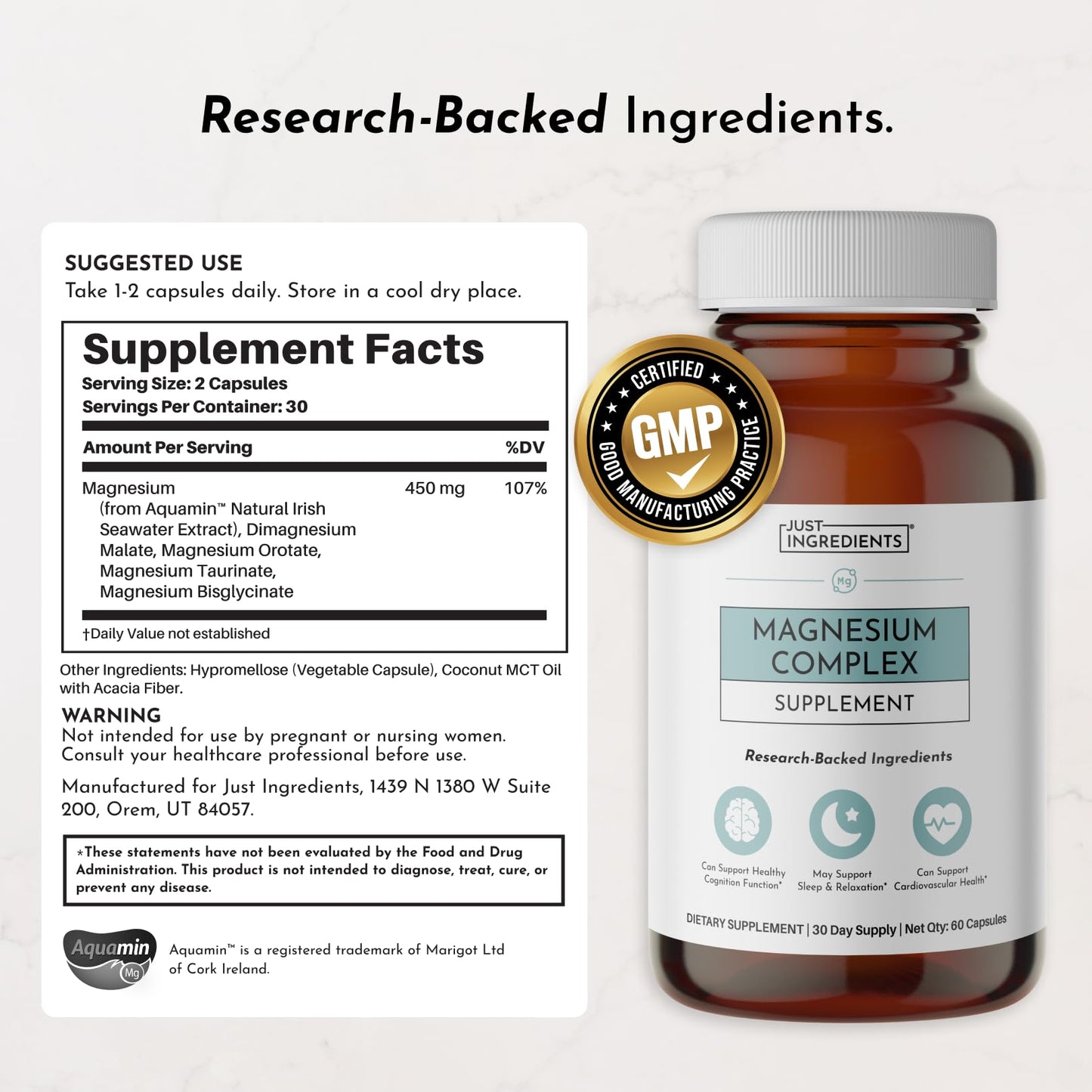 Just Ingredients Magnesium Complex - Five Bioavailable Forms for Relaxation, Sleep, Mood Support - Capsules - 60 Count
