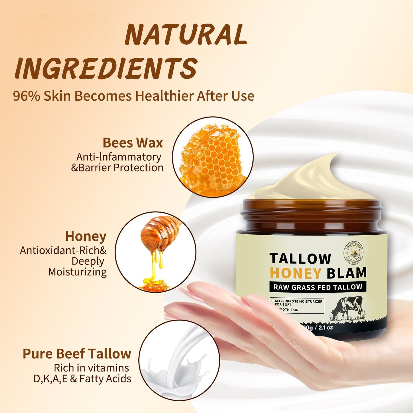 Organic Grass-Fed Beef Tallow Honey Balm, Face Body Moisturizer, Deep Nourishing for Sensitive Acne-Prone Skin 2.1Oz Citrus Breeze