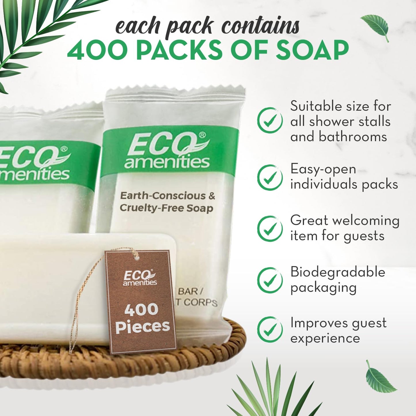 ECO Amenities Travel Size Bar Soap - 400 PACK, 0.5 oz Mini Soap Bars, Hotel Soap Bars, Travel Size Toiletries - Individually Wrapped Bulk Soap Bar, Small Hotel Soaps for BNBs, VRBO, Inns and Hotels