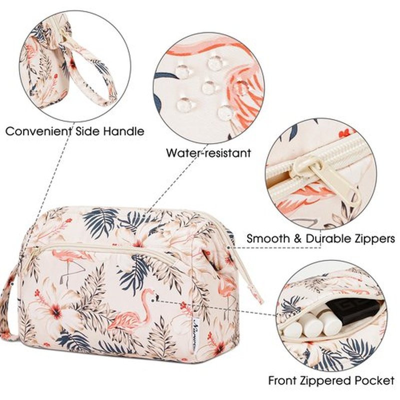 Narwey Large Women Makeup Bag Wide-open Make up Bag Travel Cosmetic Organizer Toiletry Bag for Cosmetics Toiletries Accessories (Beige Flamingo)