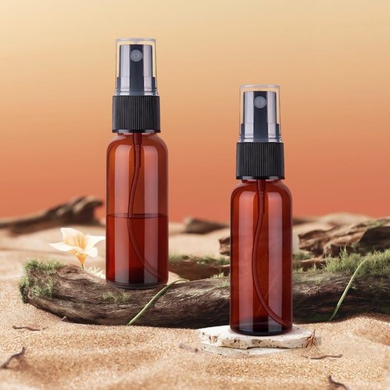 Zoizocp Spray Bottles, 2.7oz/80ml Amber Empty Fine Mist Plastic Mini Travel Bottle Set, Small Refillable Liquid Containers with 2pcs Funnels and 24pcs Labels (6 Pack)