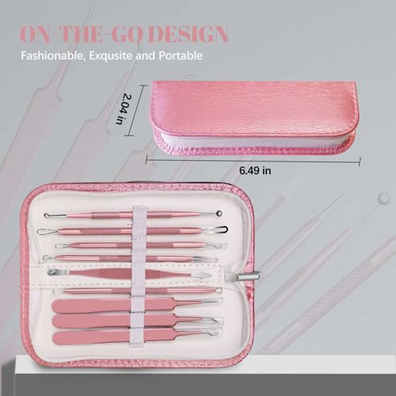 WOAMA Blackhead Remover Tools, Pimple Popper Tool Kit Extraction Acne Tools Blackhead Whitehead Remover Stainless Steel for Nose Face with Pink Bag - 9PCS