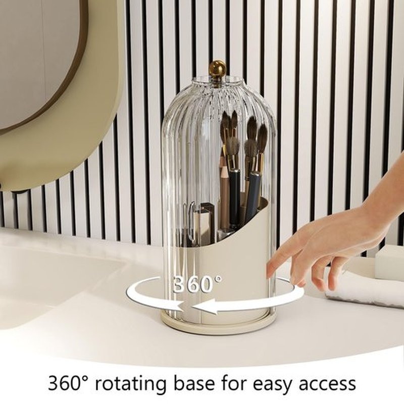 Emljkvp Makeup Brush Holder with Dustproof Cover 360 Rotating Makeup Brush Organizer for Vanity Bathroom, White/Beige