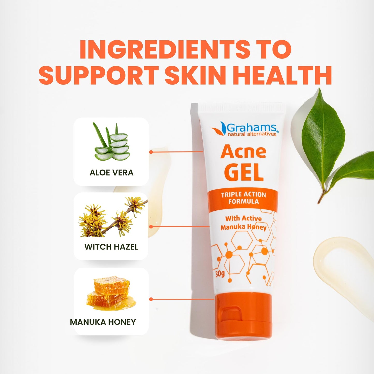 Grahams Natural Acne Gel Morning & Night Spot Treatment Pimple Cream for Face, Back & Body - All Natural with Witch Hazel, Honey, Aloe Vera, for Oily Skin & Blemish Control (1.06 oz)