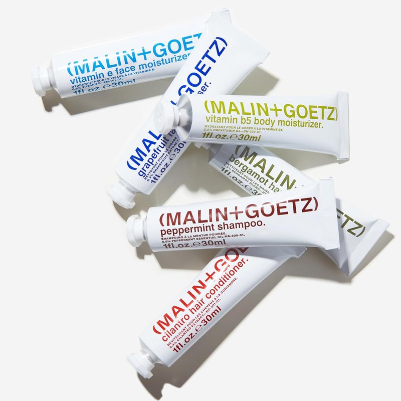 MALIN+GOETZ Travel Kit - Six Vegan Essentials for Face, Body & Hair | Grapefruit Cleanser, Vitamin E Moisturizer, Peppermint Shampoo | 6 x 1 oz