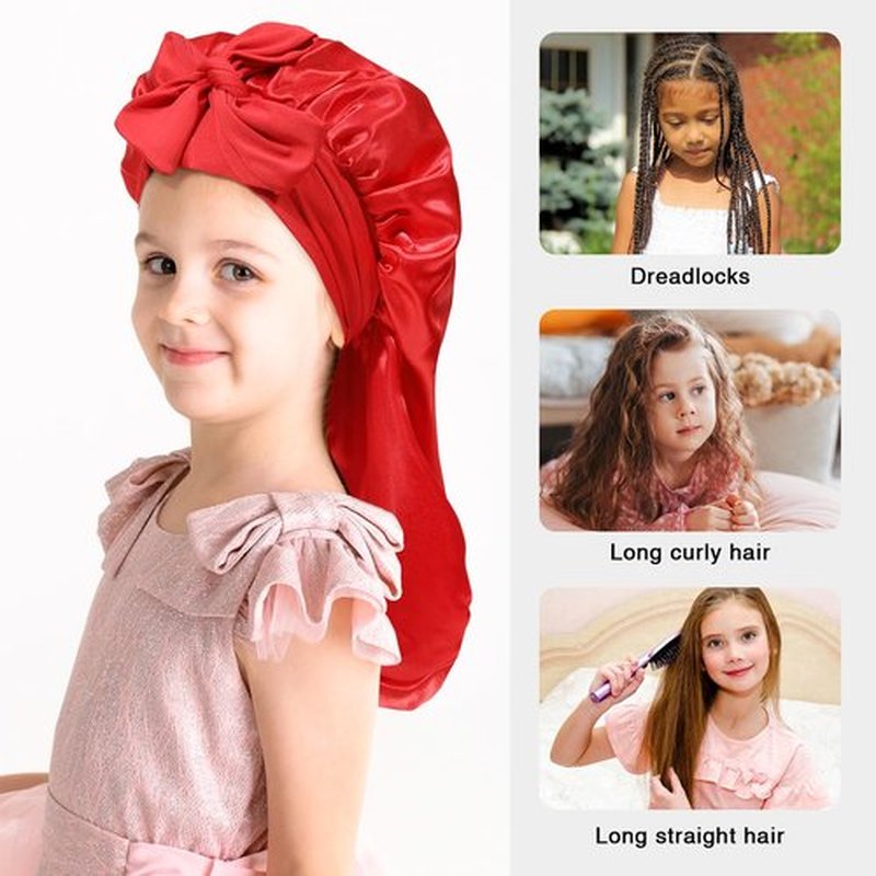 Kids Long Hair Bonnet for Sleeping - Double Layer Girls Elastic Satin Bonnet with Tie Band for Braid Curly Hair (Red)