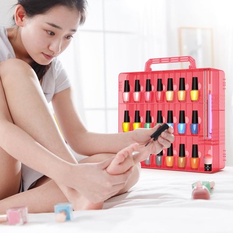 Beloving 2pcs Nail Polish Organizer, Portable 48 Bottles Clear Nail Polish Holder with Adjustable Divider, Gel Nail Polish Storage Double Side Nail Polish Organizer Case for Nail Tech Red
