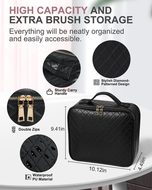 MAYFIY Makeup Bag with LED Mirror and Travel Makeup Train Case Cosmetic Organiser with 2X3X Magnifying Mirror and Separate Makeup Brush Panel, Portable Adjustable Divider Storage Bag, Black