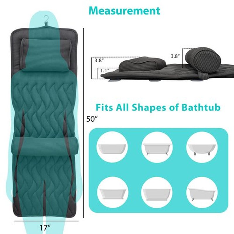 Full Body Bath Pillow with Adjustable Lumbar Roll Pillow Bathtub Cushion with 14 Suction Cups 3D Air Mesh Fit Any Tub Gray Bathroom Accessories