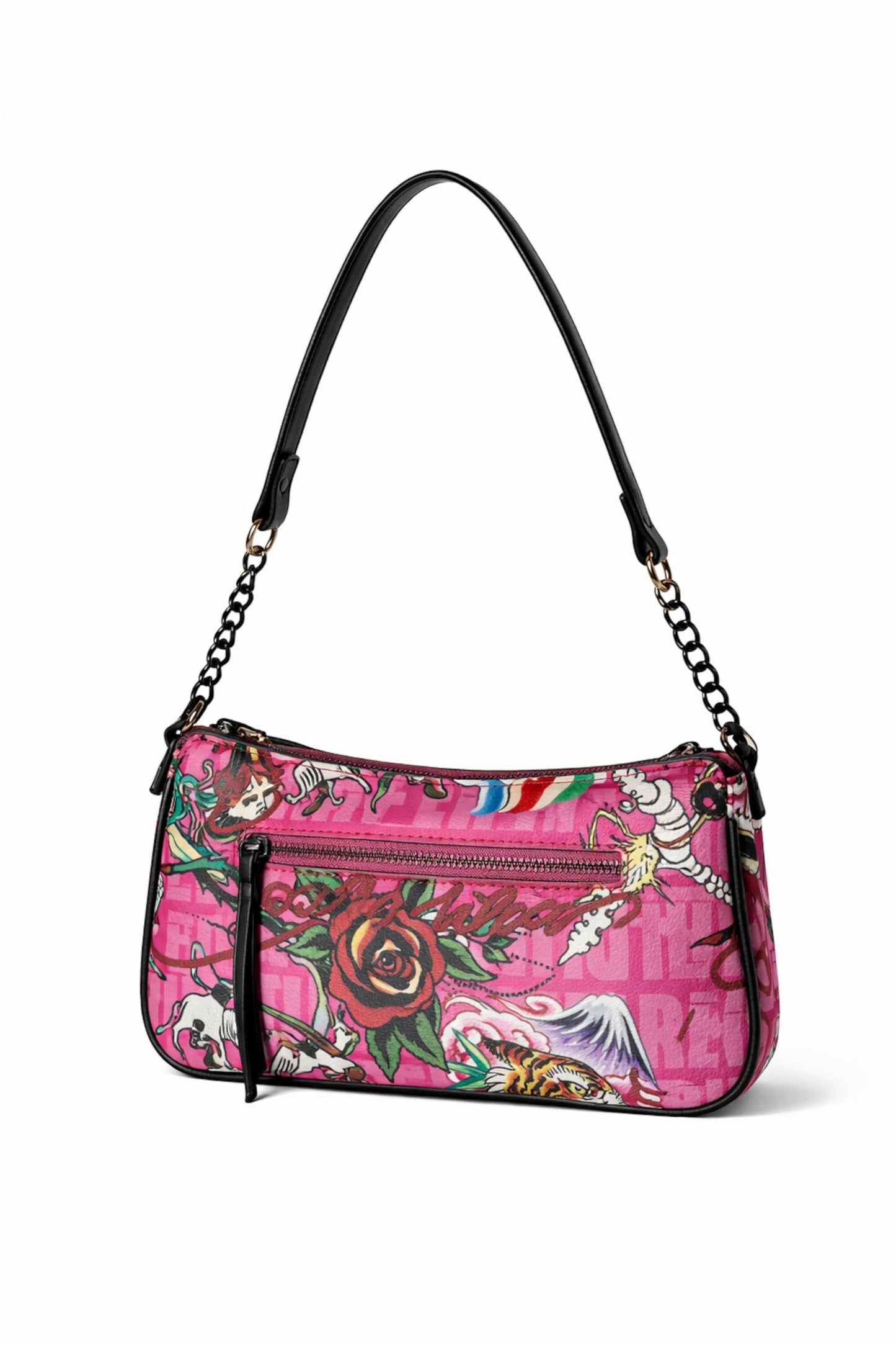ED HARDY Women's Shoulder Bag, Chain Strap with Charm Detail, Zip Top, 9 x 4 x 2 Inches (Electric Ink Pink)
